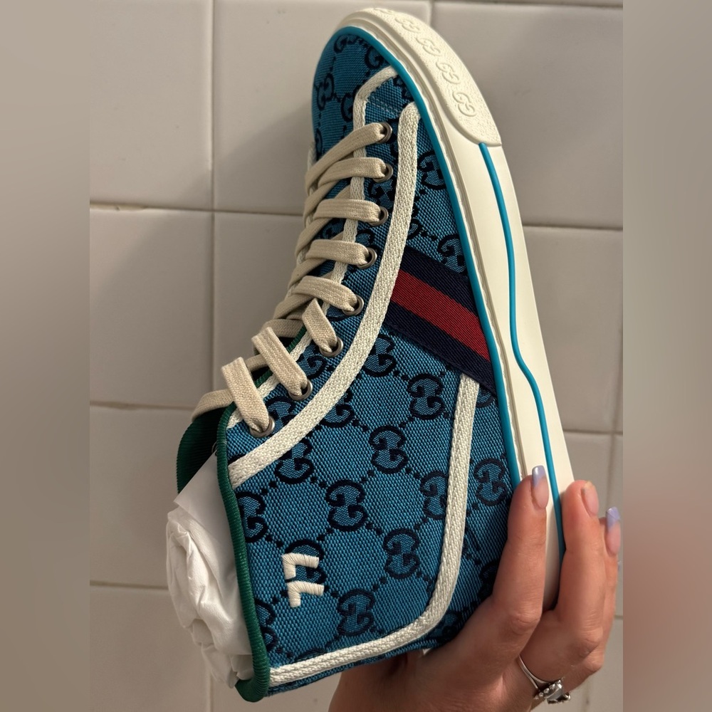 Gucci Teal/Blue Canvas Patterned High-Top Sneakers - Picture 5 of 16